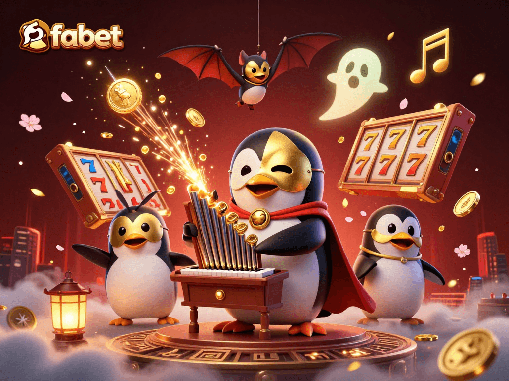Win big with fabet as a cartoon penguin plays a golden organ amid vibrant casino elements.