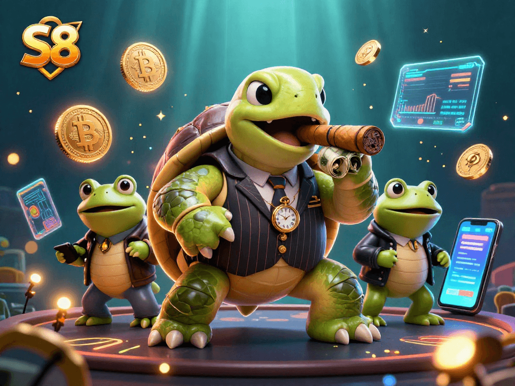 S8's casino scene showcases a snapping turtle in a mobster suit with cryptocurrency elements, engaging gamblers in 2026