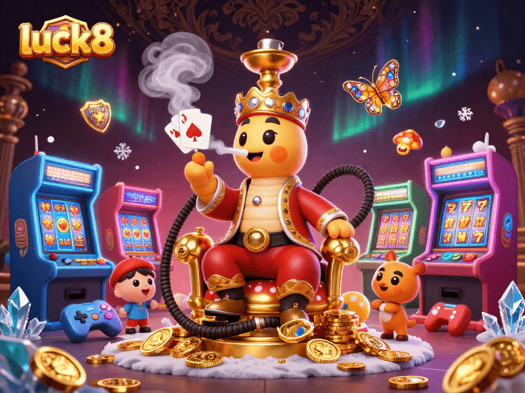 Engage with luck8's dynamic 3D casino scene featuring vibrant gaming elements and characters.