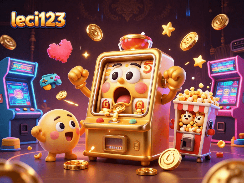 Putaran jackpot Leci123 yang meriah dengan mesin slot emas ceria dan banyak koin beterbangan.