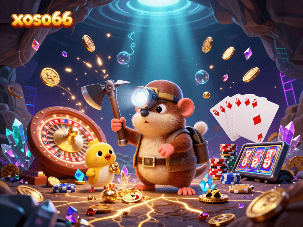 Experience the excitement of xoso66 with a treasure hunter mole in a vibrant casino scene full of games and rewards.