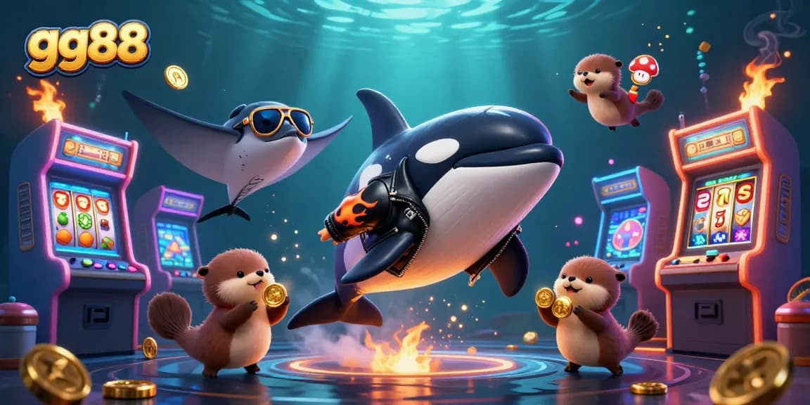 Celebrating wins at gg88 with orca, stingray, and otters enjoying gold coins in a vibrant casino scene