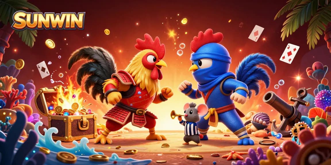 Engage with SUNWIN's thrilling cockfighting showdown featuring dynamic 3D roosters and casino elements.