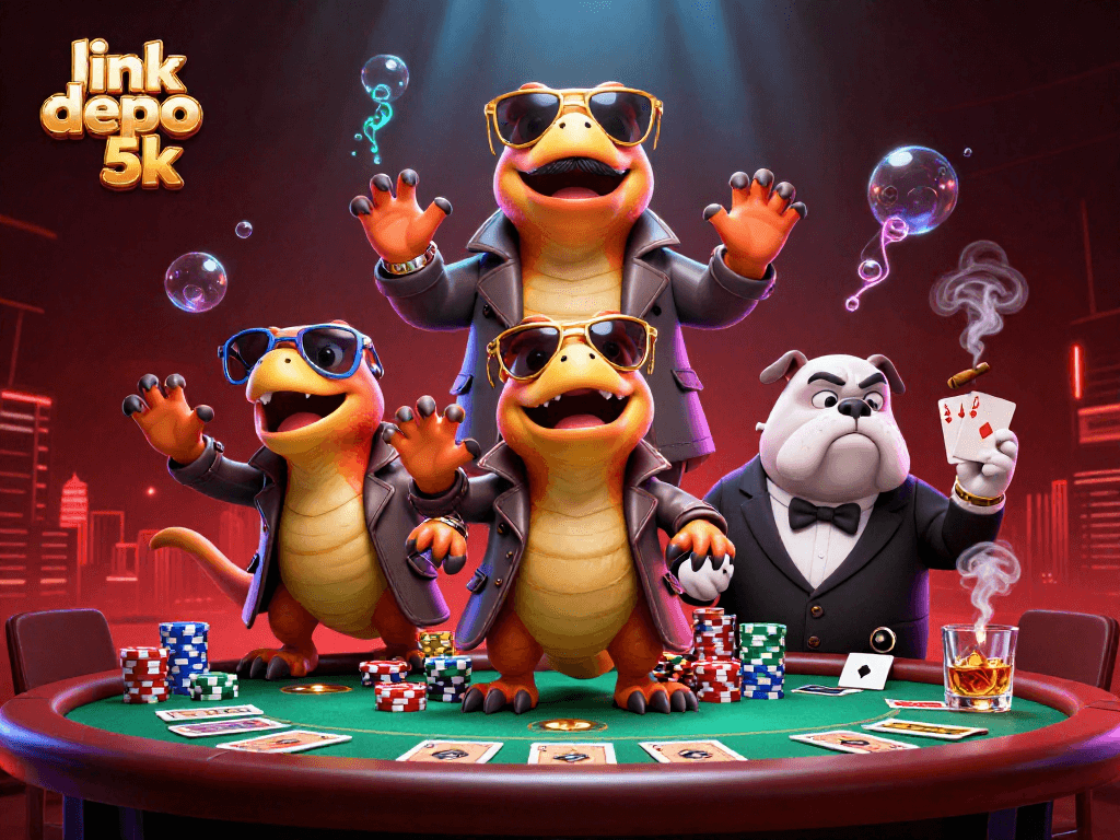 Spin and win with link depo 5k at a vibrant casino, featuring raptors in a trench coat.
