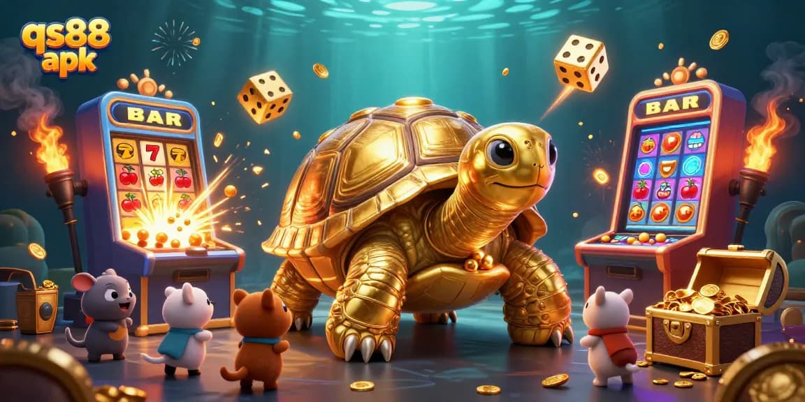 Experience the winning thrill of qs88 apk with a dynamic casino scene featuring vibrant slot machines and golden elements.