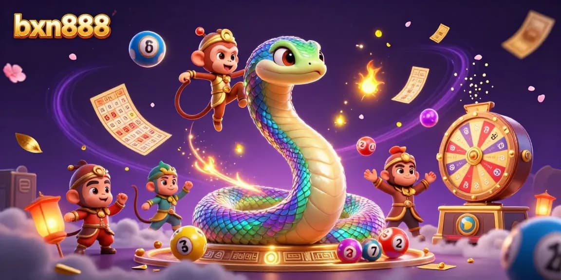Experience excitement at bxn888 with a vibrant scene featuring a dynamic rainbow serpent, playful monkey king, and colorful lottery elements.