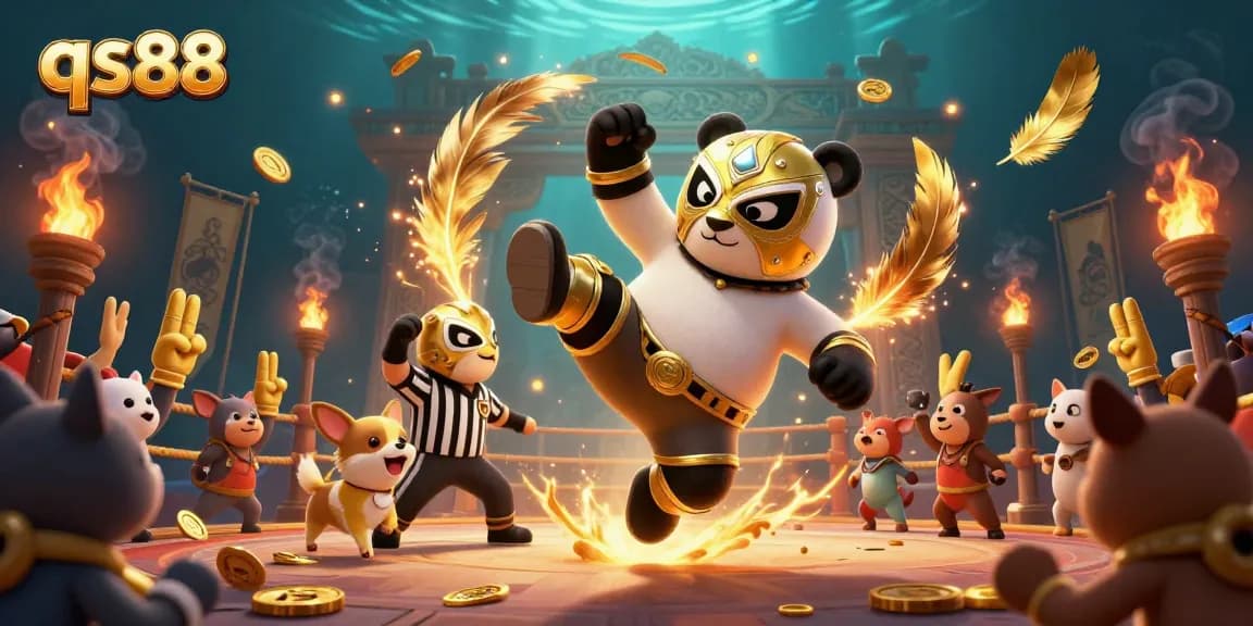 Watch qs88's thrilling casino fight scene featuring a panda wrestler amidst cheering fans and golden elements.