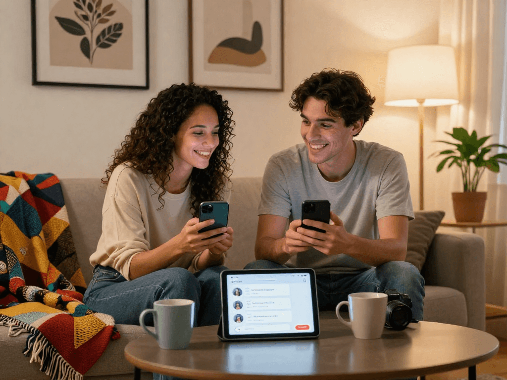 Engaging couple using a sex chat AI app in a cozy urban apartment setting.