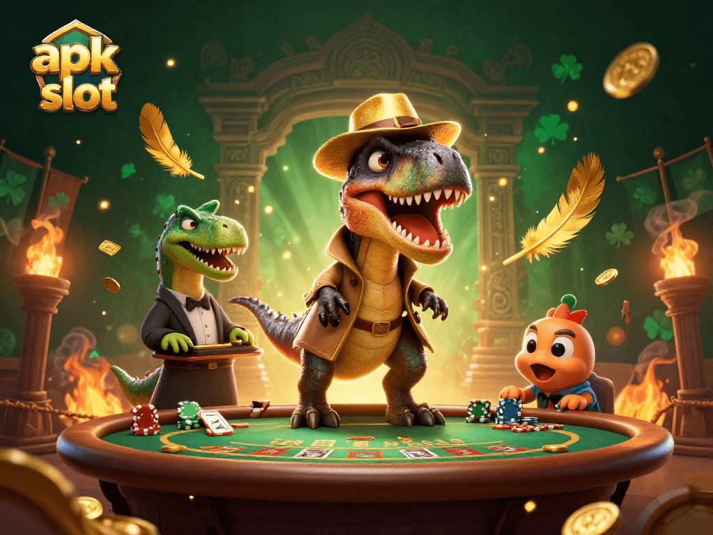 Engage with apk slot dynamics at a blackjack table in this lively gambling scene filled with cartoon dinosaurs.