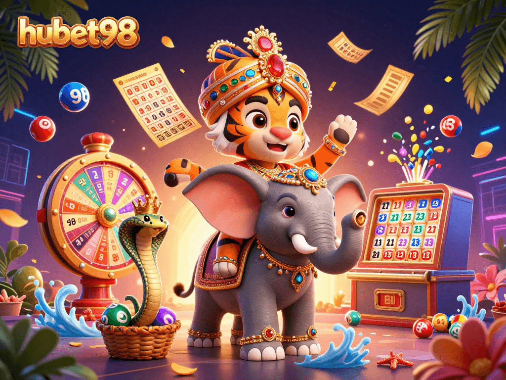 Experience the excitement of hubet98 with vibrant games and characters in a colorful 3D scene.