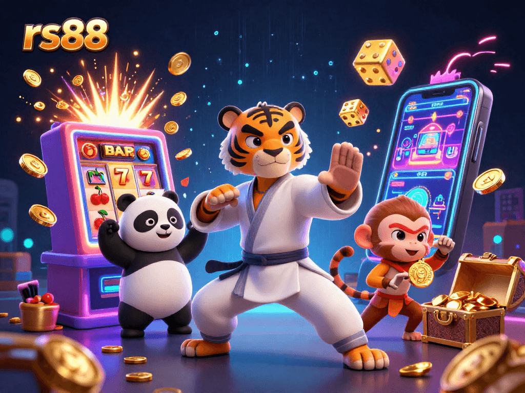 Experience winning adventures at rs88 with a kung fu tiger master amidst a vibrant casino setting.