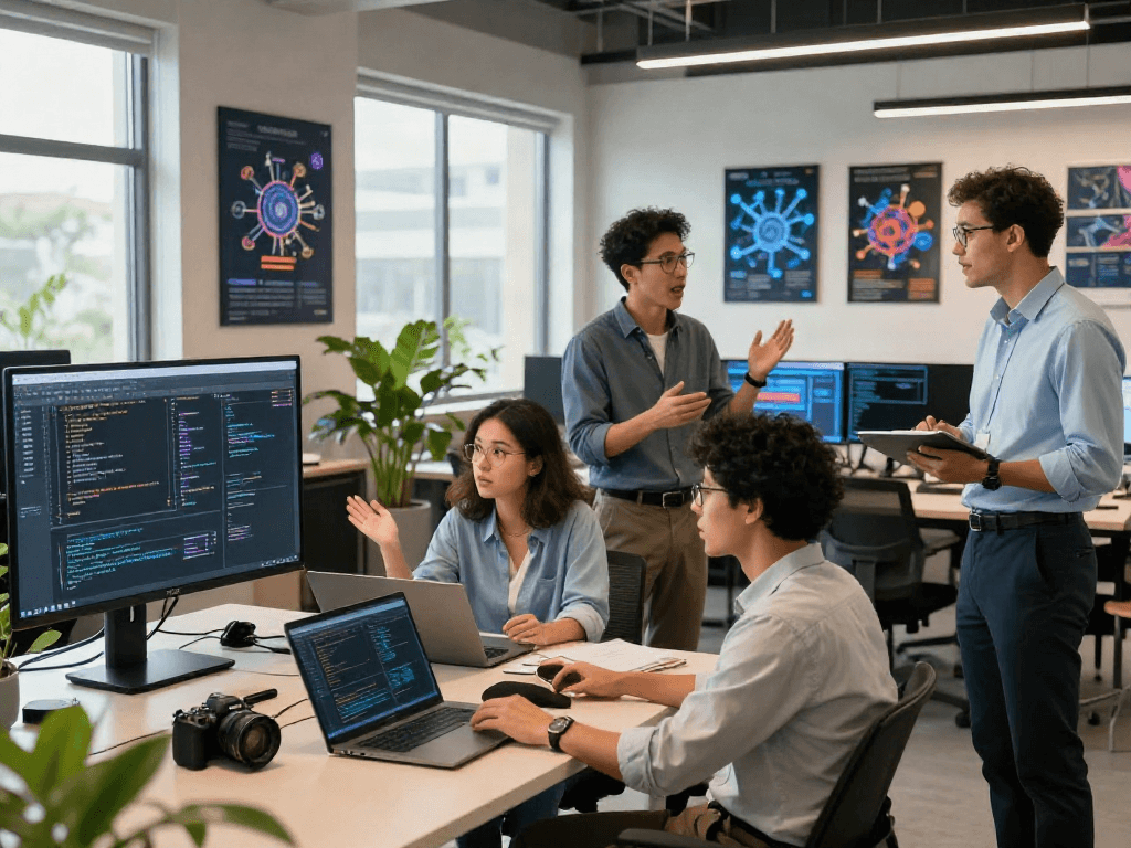 Team of professionals discussing AI innovation in dynamic workspace, highlighting 18+ ai technologies and collaboration