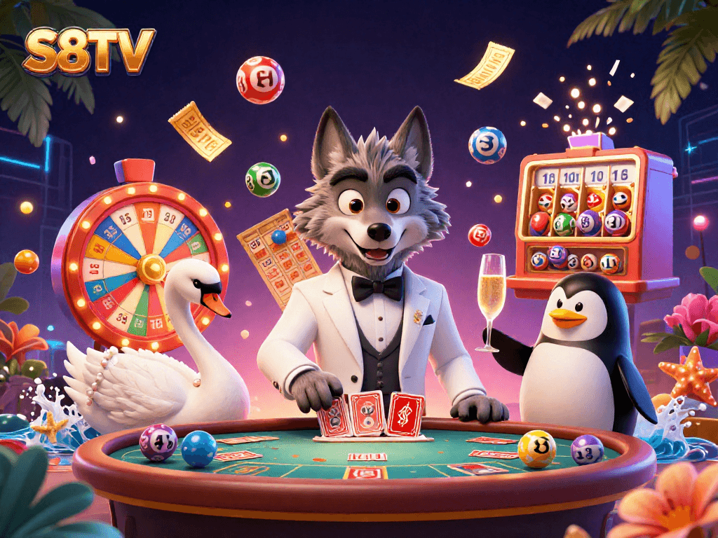 S8TV showcases a vibrant casino scene with a wolf, swan, and penguin amidst lively game elements.