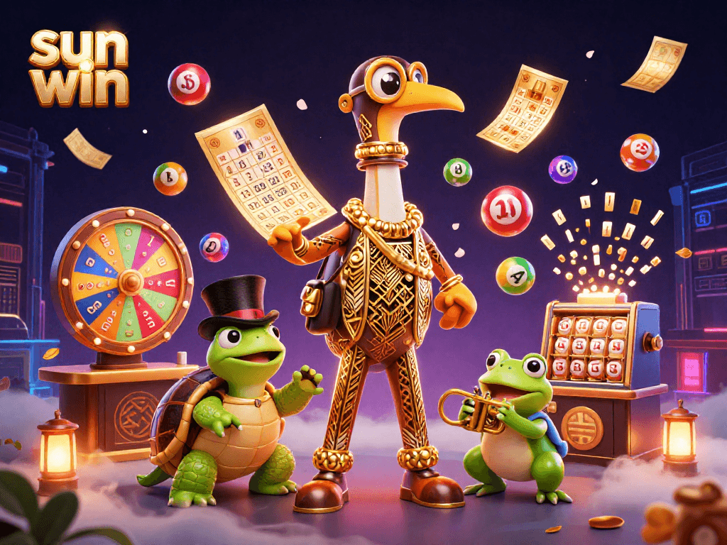 Experience thrilling action at sun win with a vibrant scene of characters celebrating wins surrounded by lottery elements.