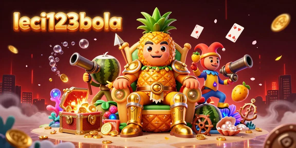 Engage with leci123bola's vibrant casino scene featuring a golden pineapple king and tropical elements.