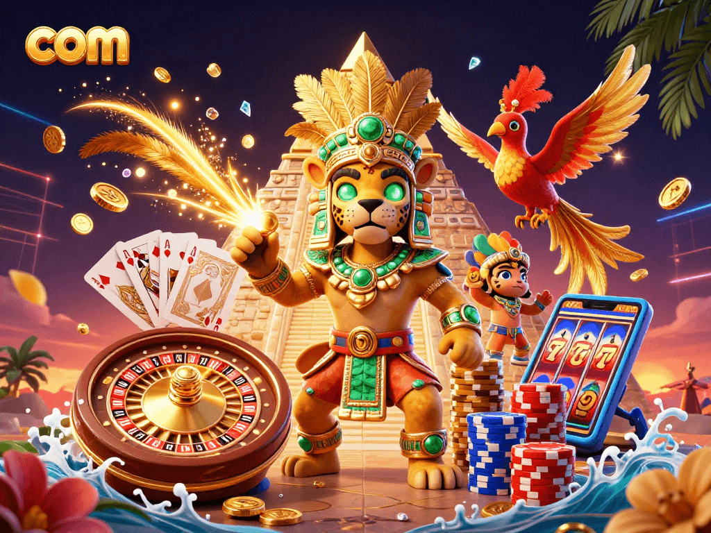 Engage with the thrilling world of com gambling, showcasing vibrant characters, coins, and games in a magical scene.