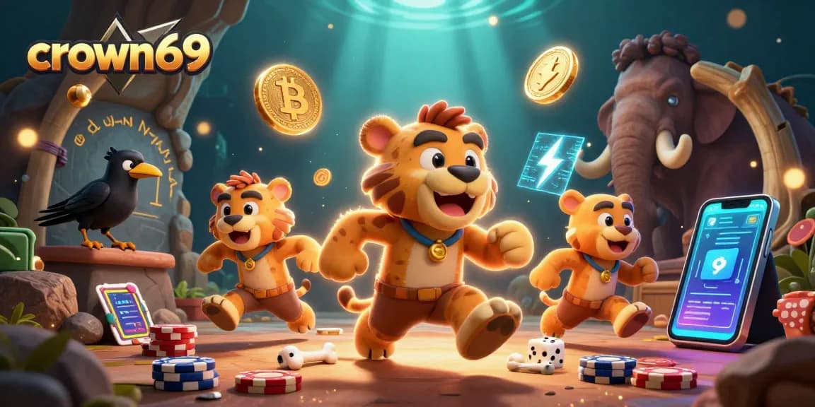 Experience crown69 online gaming excitement with a fun caveman and tiger duo at a prehistoric casino.