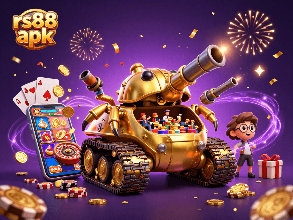 Experience vibrant gaming excitement with rs88 apk in this dynamic 3D casino scene.