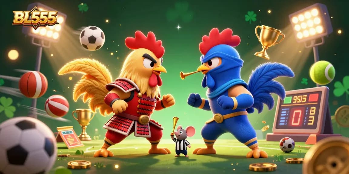 Experience thrilling gameplay at BL555 with dynamic 3D fighting roosters in an intense standoff.
