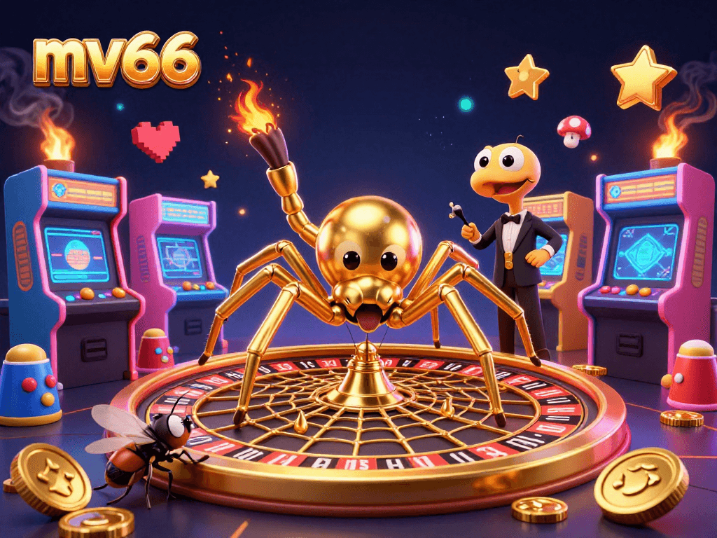 Engage in thrilling gaming at mv66 with a vibrant 3D illustration of a golden spider and croupier.