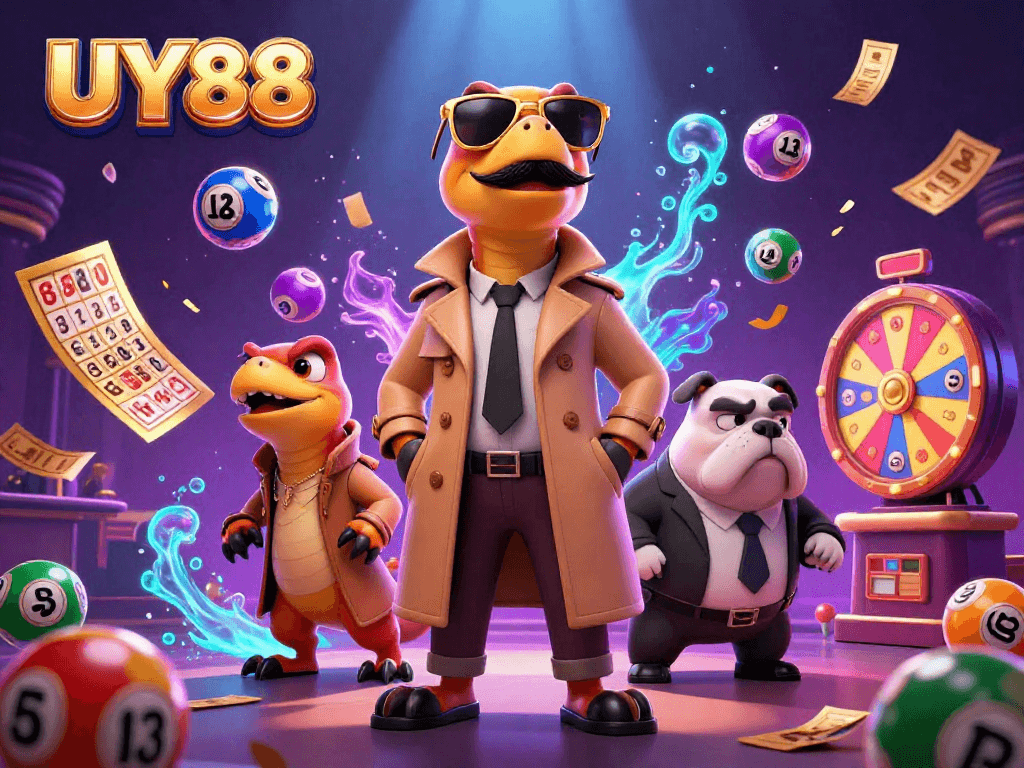 Experience excitement at UY88 with raptors in a trench coat at a vibrant casino scene.