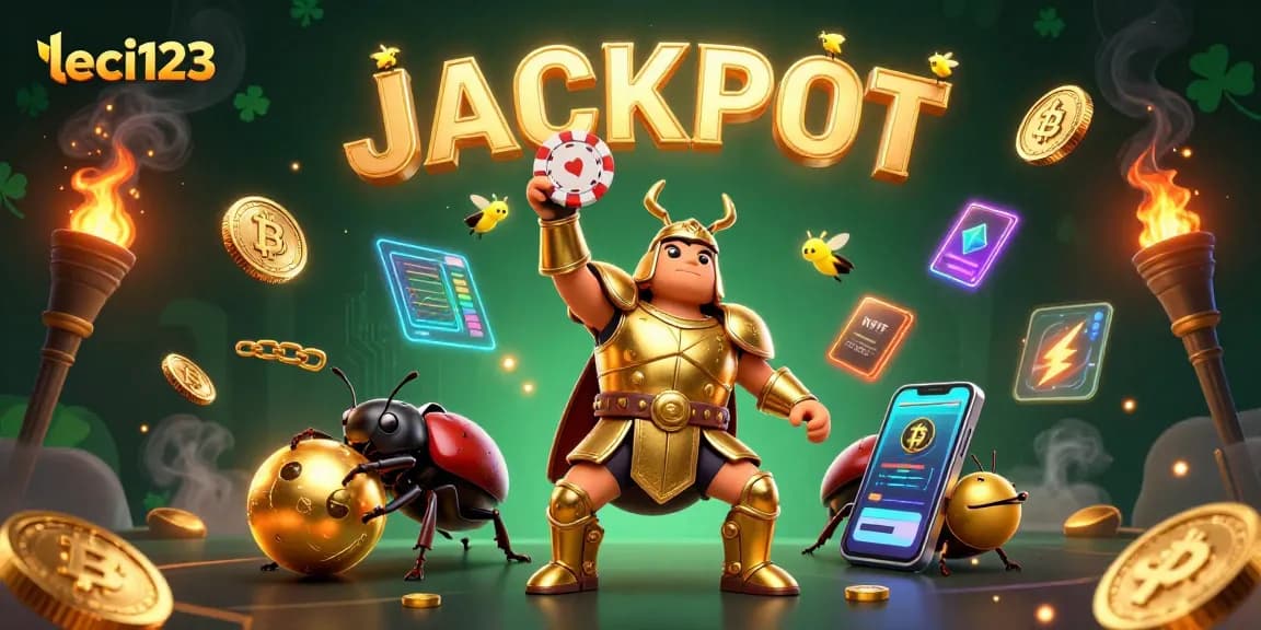 Experience excitement at leci123 with a jackpot-winning scene featuring a gladiator beetle and golden coins.
