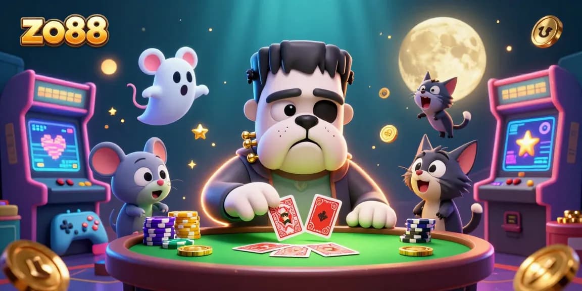 Play exciting games at zo88 with a lively scene featuring a fun casino table and cartoon characters.