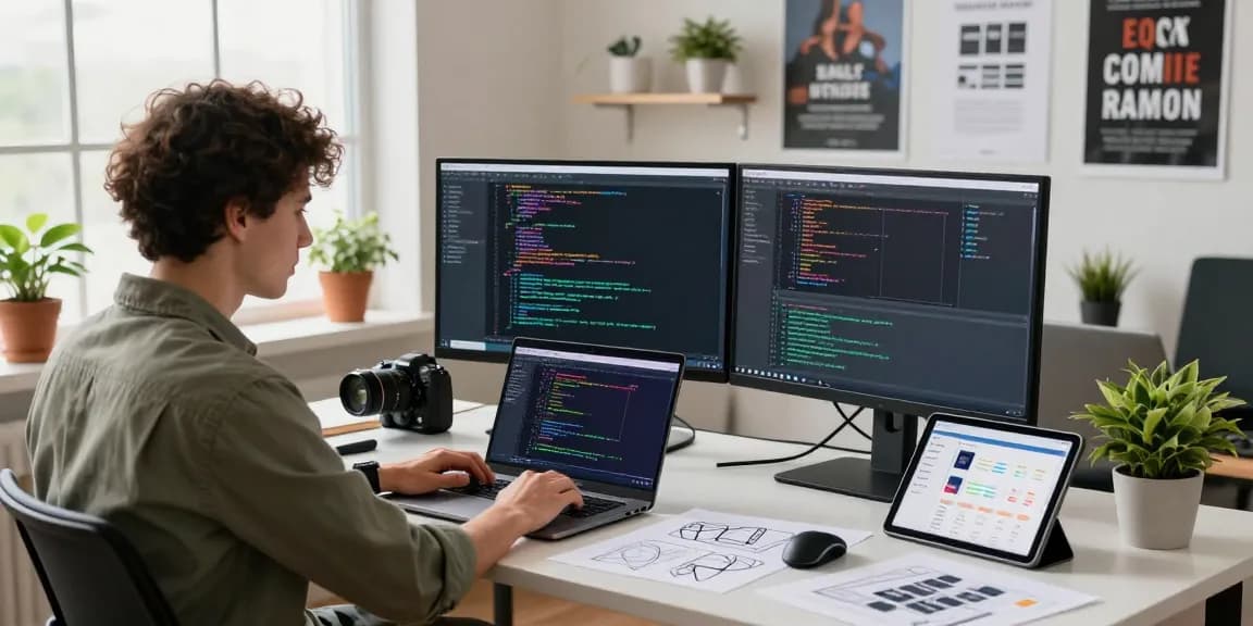 Software engineer coding with dual monitors and design sketches in modern workspace showcasing crushonai technology.