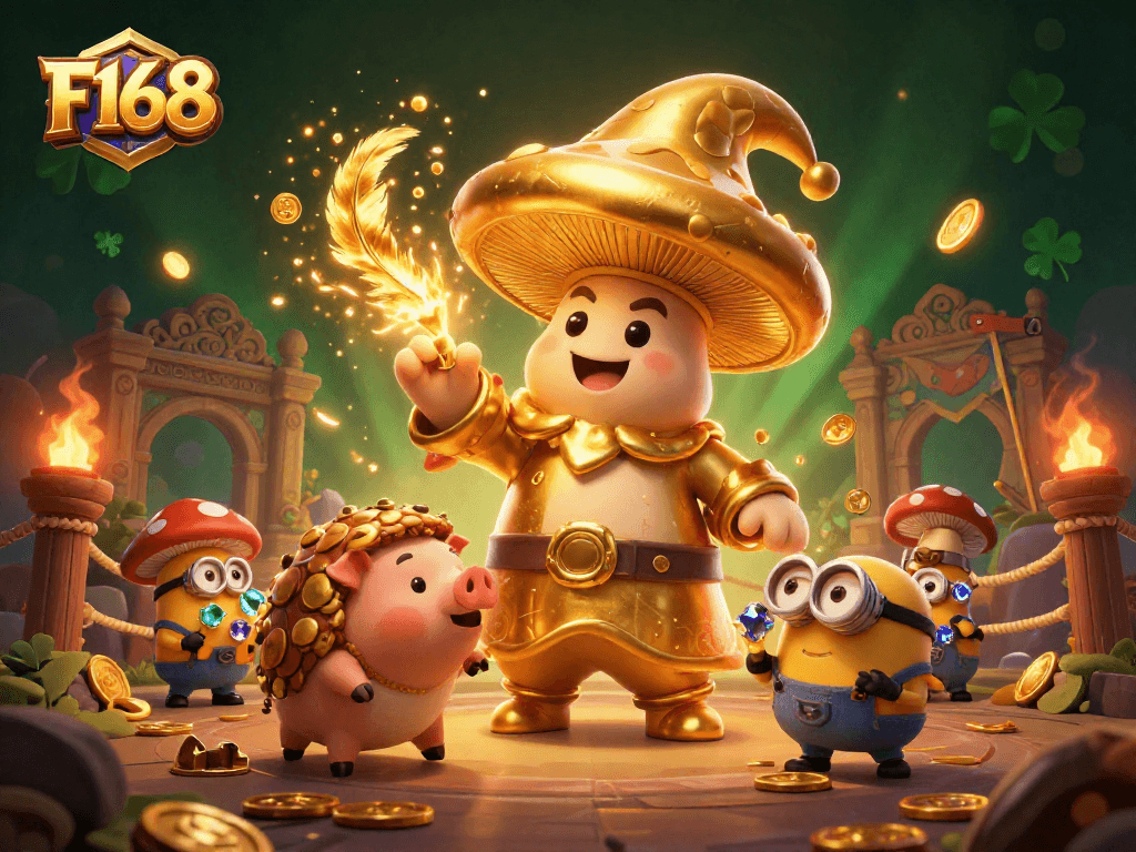 Experience the magic of F168 with a golden wizard, truffle pig, and gem-mining minions in an enchanting 3D casino scene.