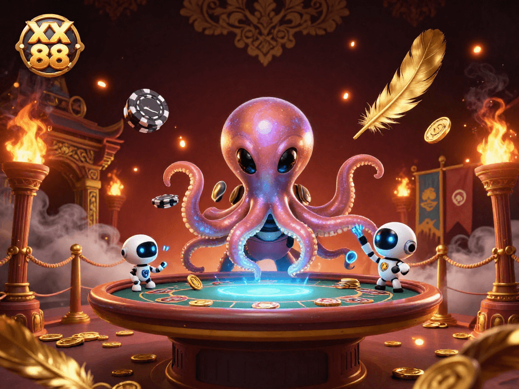 Experience thrilling gameplay at xx 88 with captivating visuals of an alien octopus and robot in a vibrant casino setting.