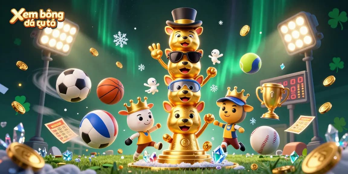 Enjoy xem bóng đá trực tiếp with our dynamic 3D illustration showcasing sports balls and a golden trophy.