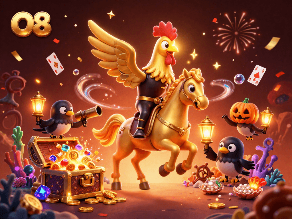 Win big at O8 with a vibrant casino adventure featuring a golden rooster and floating treasures.