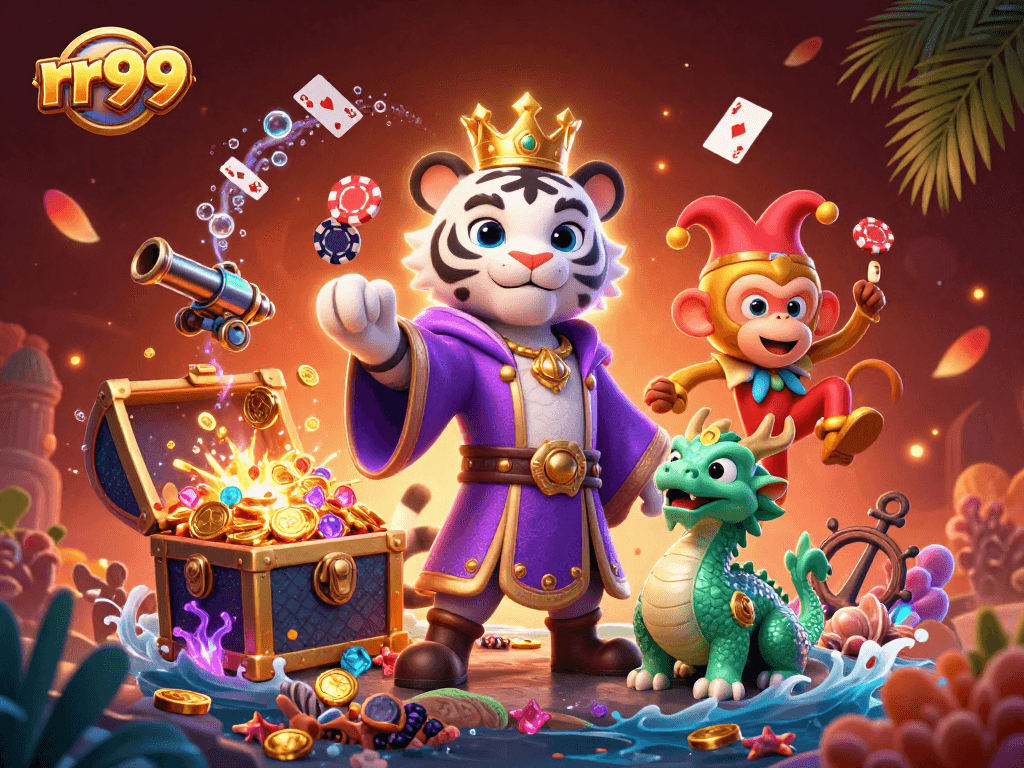 Engage with rr99: Experience thrilling moments with a lively casino scene featuring playful characters and vivid treasures.