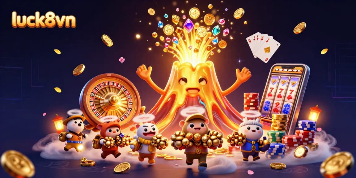 Experience excitement with luck8vn's vibrant gaming scene featuring a golden volcano and treasure-filled animals