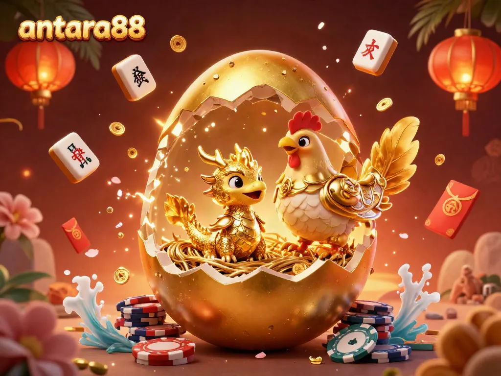 Experience the excitement of antara88 with a golden dragon and poker chips in a vibrant casino illustration.