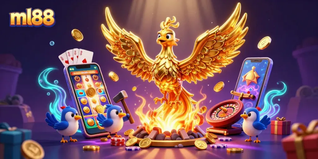 Experience ml88's exciting casino world with a thrilling golden phoenix and captivating game elements.