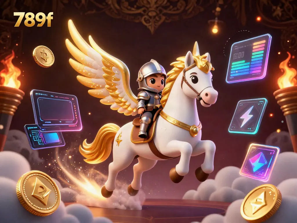 Experience the thrill of 789f with a stunning 3D scene featuring a celestial horse and crypto elements.