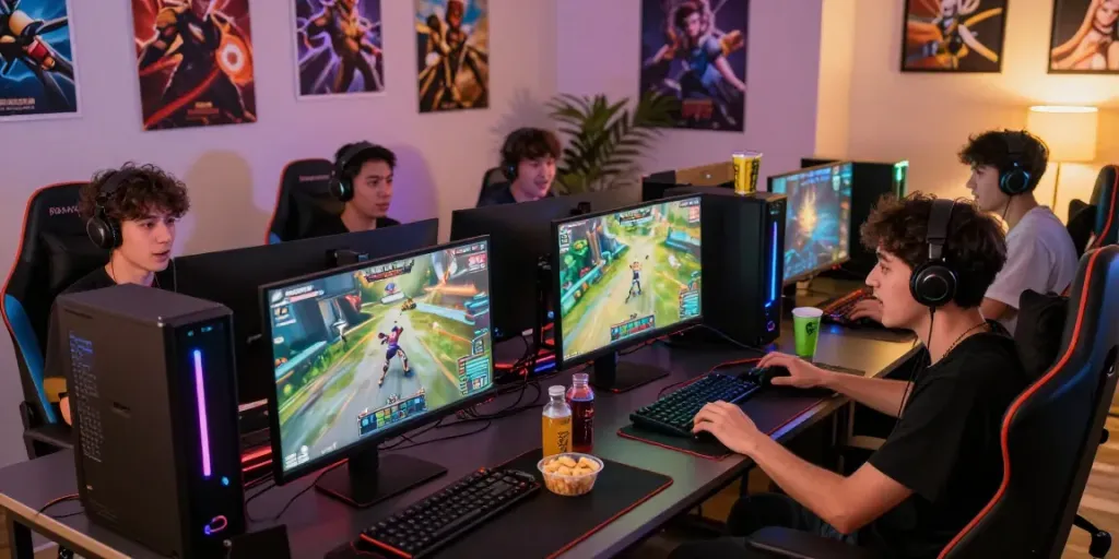 Engaging gaming scene with players enjoying harta88 digital entertainment, showcasing camaraderie and excitement.
