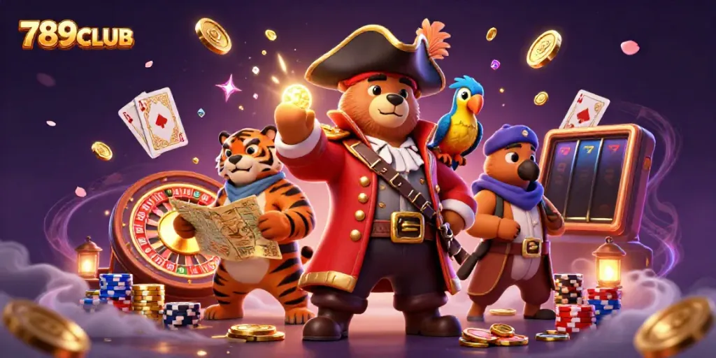 Experience the thrilling games at 789CLUB with a vivid illustration of casino elements and characters.