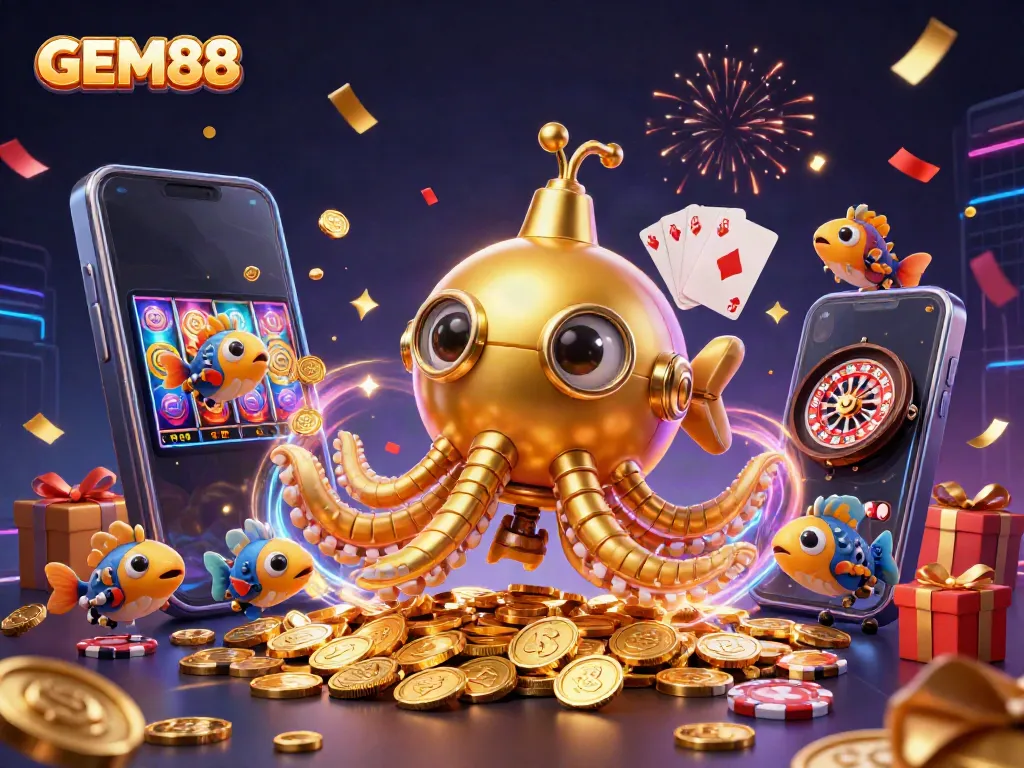 Experience vivid excitement at GEM88 with a 3D kraken submarine amidst slot games and golden coins.