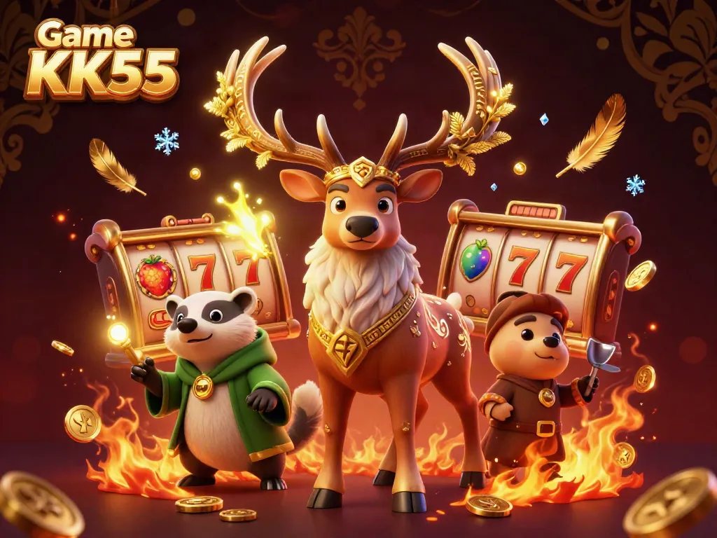Engage in winning spins with Game KK55 featuring vibrant casino elements, 3D characters, and dynamic effects.