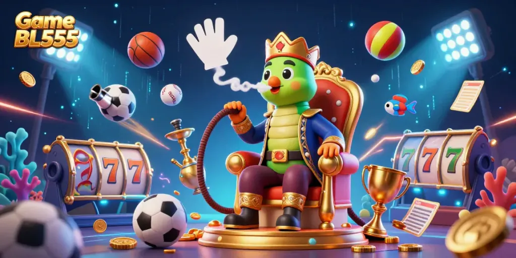Engage in the excitement of Game BL555 with a vibrant 3D illustration featuring lively casino elements and characters.