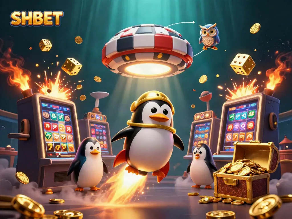 Experience the excitement of SHBET with a golden penguin racing towards a jackpot explosion in a captivating casino-themed illustration.