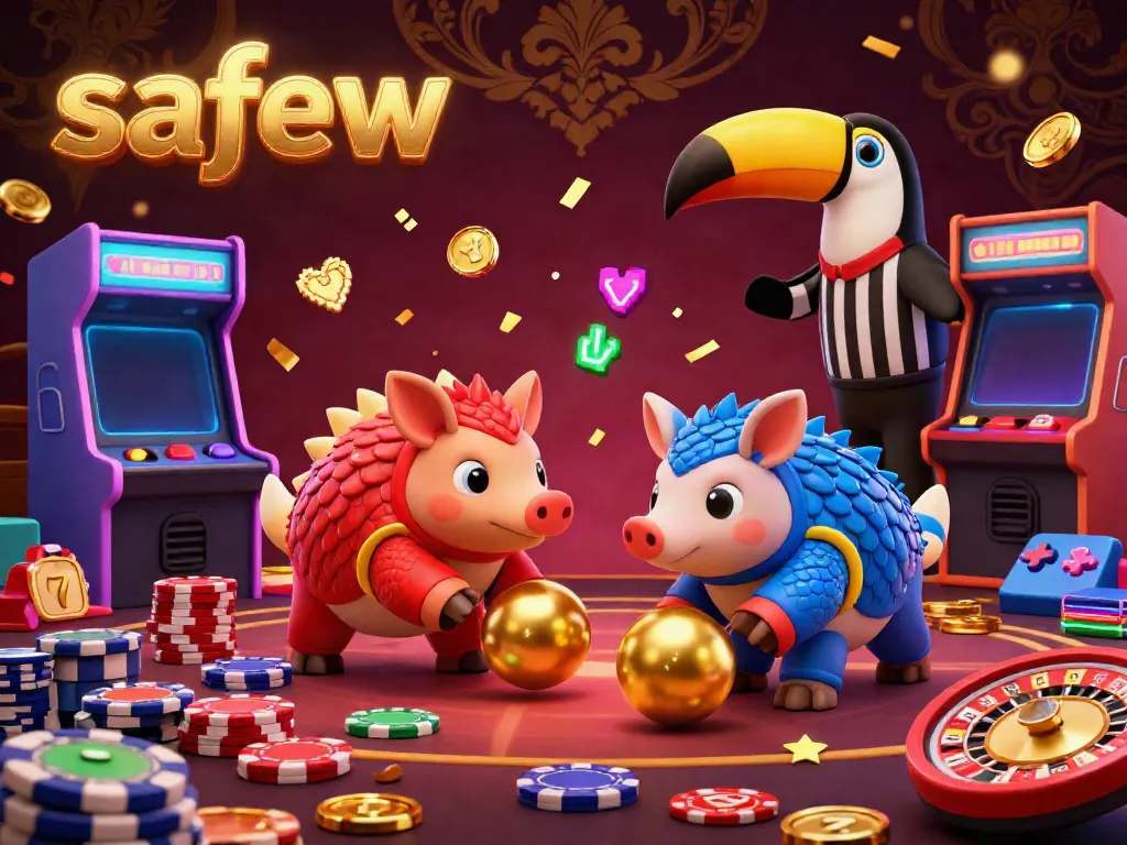Rival pangolins in red and blue armor bowling through poker chips, representing safew in a vibrant casino scene.