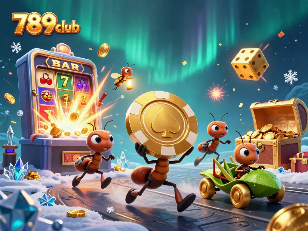 Join the exciting world of 789club with ants in a heist carrying a giant poker chip.