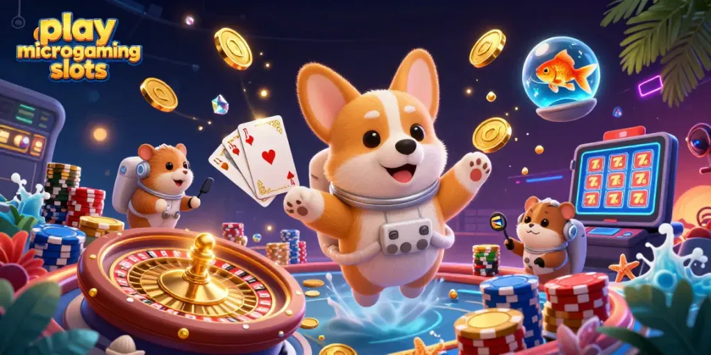 Engage and play Microgaming slots in a vibrant space casino scene featuring playful characters.