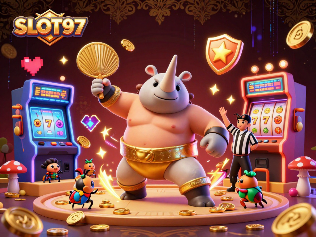 SLOT97 features a whisking sumo beetle champion amidst slot machines and scatter coins.