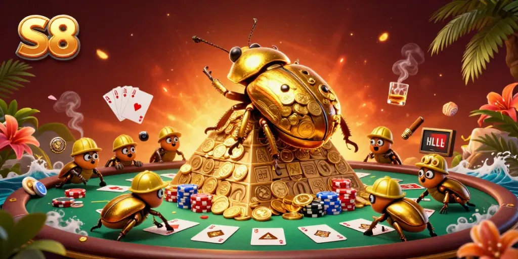 S8 gamers enjoy vibrant casino action with beetles pushing golden coins in this lively gambling scene.