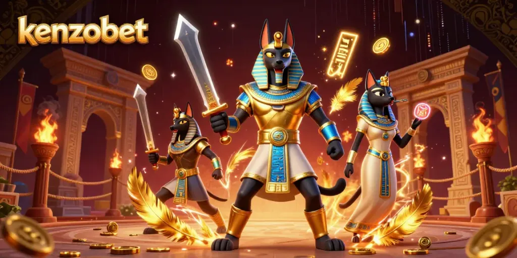 Experience thrilling gameplay at kenzobet with Anubis and Bastet amidst dynamic casino elements.