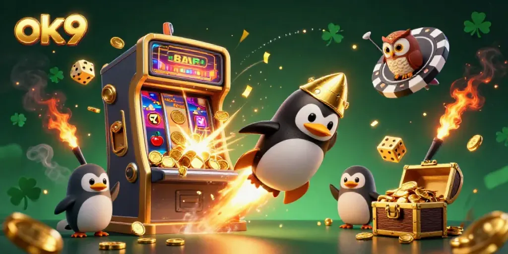 Experience the thrilling ok9 casino journey with vibrant 3D illustrations of gaming excitement and golden rewards!